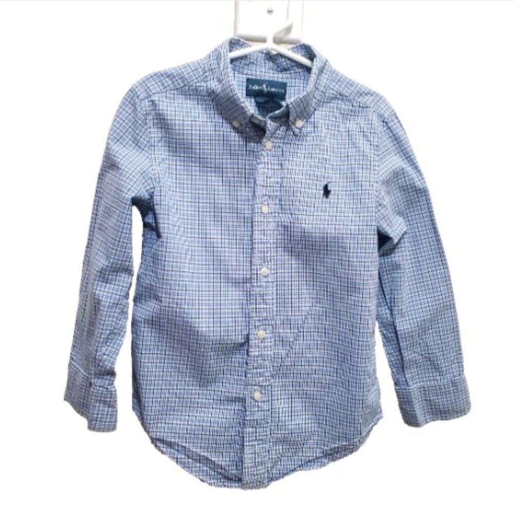 Ralph Lauren Boy's Plaid Blue Gingham Dress Shirt Size 5 Button Down Long Sleeve